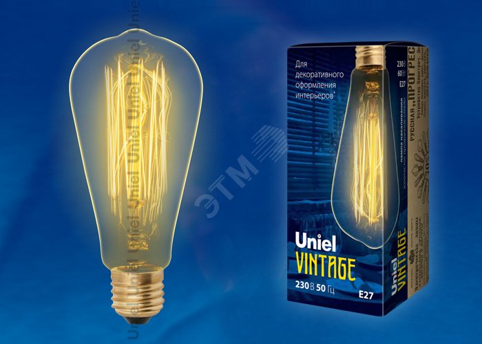 Лампа накаливания декоративная ЛОН 60 вт 300 Лм E27 Vintage IL-V-ST64-60/GOLDEN/E27 VW02 UL-00000482 Uniel - превью 2
