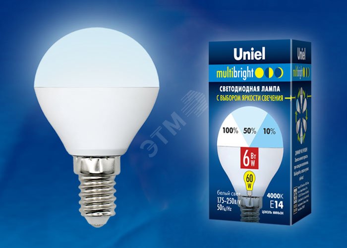 Лампа светодиодная с трехступенчатым диммером 100-50-10 LED 6вт 175-250В шар 510Лм Е14 4000К Multibrigh UL-00002376 Uniel - превью 2