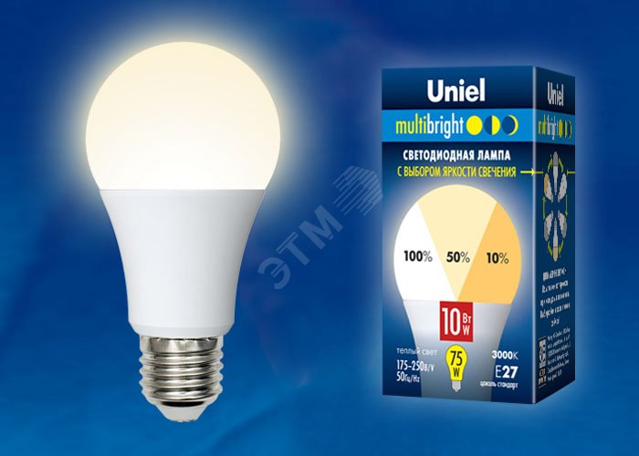 Лампа светодиодная с трехступенчатым диммером 100-50-10 LED 10вт 175-250В форма А 850Лм Е27 3000К Multibrigh UL-00002371 Uniel - превью 2