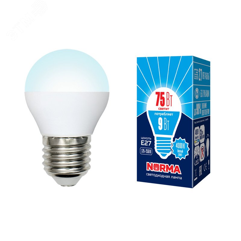 Лампа светодиодная LED-G45-9W/NW/E27/FR/NR Форма шар, матовая.  Norma. (4000K). UL-00003828 Uniel