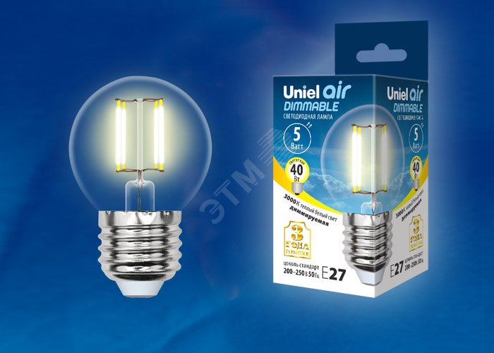 Лампа светодиодная LED 5вт 200-250В шар диммируемый 450Лм Е27 3000К Air филамент UL-00002868 Uniel - превью 2