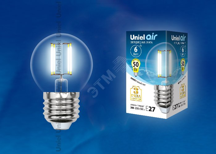 Лампа светодиодная. Форма ''шар'', прозрачная. Air. (4000K). LED-G45-6W/NW/E27/CL GLA01TR LEDG456WNWE27CLGLA01TR Uniel - превью 2
