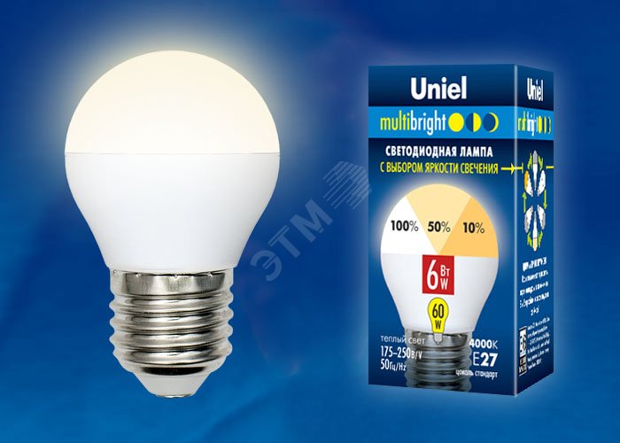 Лампа светодиодная с трехступенчатым диммером 100-50-10 LED 6вт 175-250В шар 510Лм Е27 3000К Multibrigh UL-00002377 Uniel - превью 2