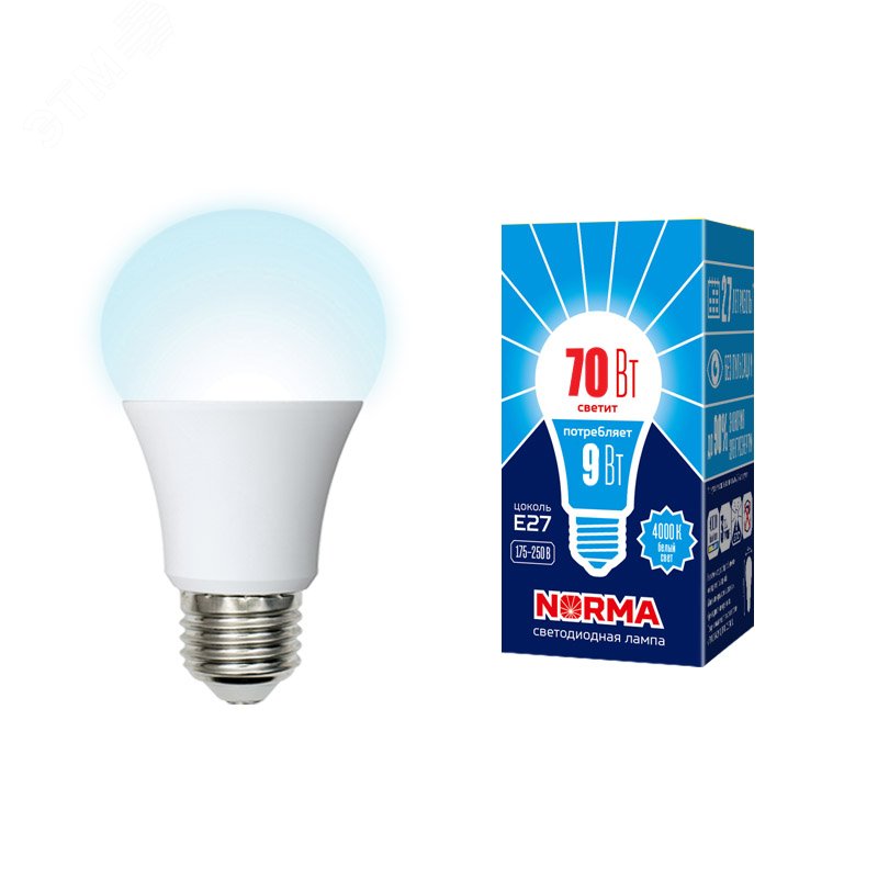 Лампа светодиодная Форма A матовая Серия Norma Белый свет (4000K) LED-A60-9W/4000K/E27/FR/NR UL-00005623 Uniel