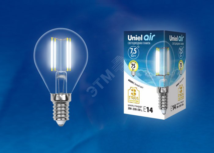 Лампа светодиодная. Форма ''шар'', прозрачная. Air. (4000K). LED-G45-7,5W/NW/E14/CL GLA01TR LEDG457,5WNWE14CLGLA01TR Uniel - превью 2