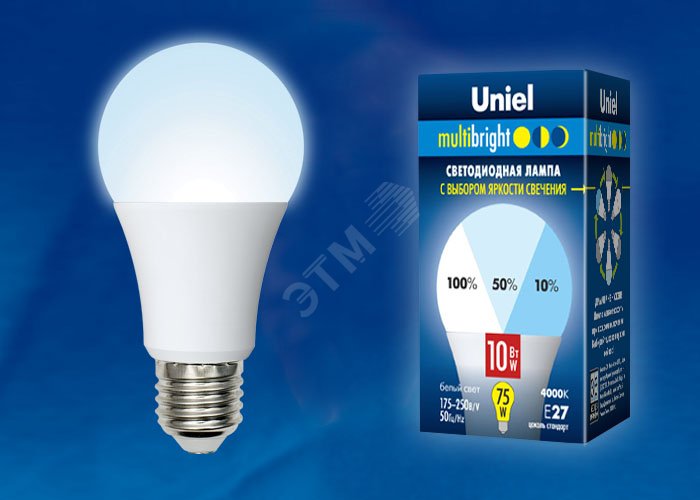 Лампа светодиодная с трехступенчатым диммером 100-50-10 LED 10вт 175-250В форма А 850Лм Е27 4000К Multibrigh UL-00002372 Uniel - превью 2