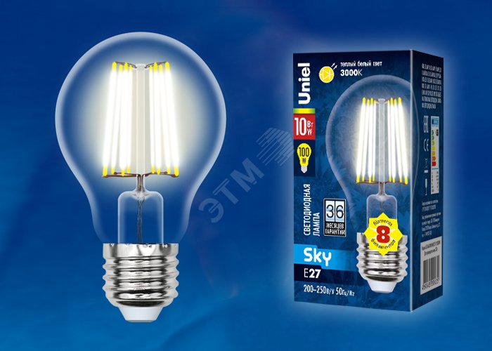Лампа светодиодная LED 10вт 200-250В форма А прозрачное 920Лм E27 3000К Sky филамент UL-00002625 Uniel - превью 2