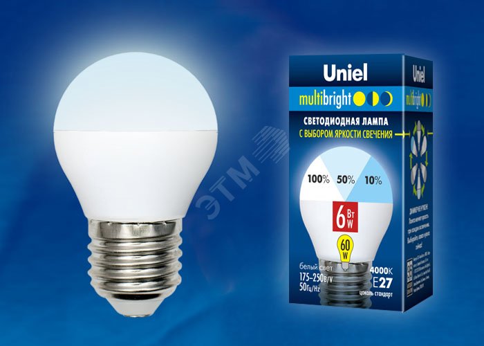 Лампа светодиодная с трехступенчатым диммером 100-50-10 LED 6вт 175-250В шар 510Лм Е27 4000К Multibrigh UL-00002378 Uniel - превью 2