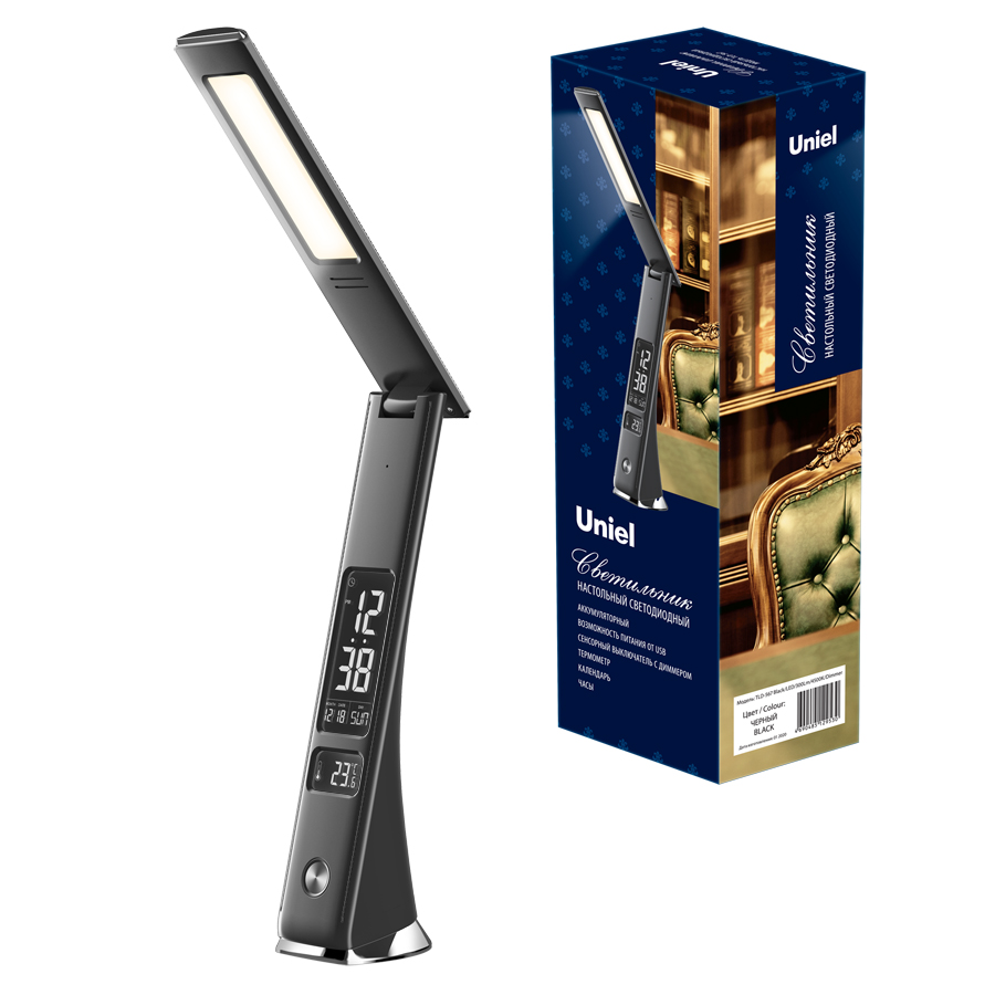 Светильник TLD-567 Black/LED/300Lm/4500K/Dimmer настольный c часами, календарем, термометром, 6W. Встроенный аккумулятор 2000mAh. Сенсорный выключатель. Диммер. Черный.