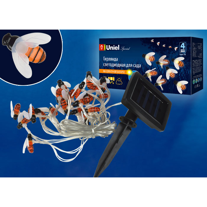 Гирлянда садовая на солнечной батарее ''Пчелки''. 20 светодиодов. USL-S-127/PT4000 BEES Теплый . 1хАА Ni-Mh аккумулятор в/к. IP44