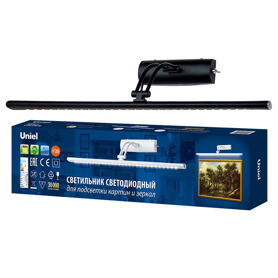 Светильник светодиодный ULT-F34-7W-4000K IP20 BLACK для подсветки картин и зеркал. 600 Lm. Механический выключатель. Черный.