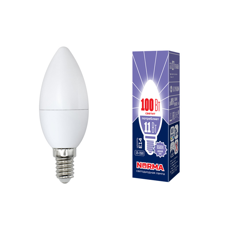 Лампа светодиодная LED-C37-11W/DW/E14/FR/NR форма свеча, матовая, Norma, дневной (6500K)