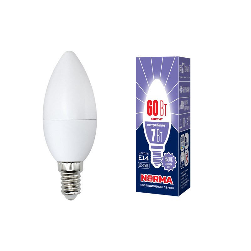 Лампа светодиодная LED-C37-7W/DW/E14/FR/NR форма свеча, матовая, Norma, дневной (6500K)