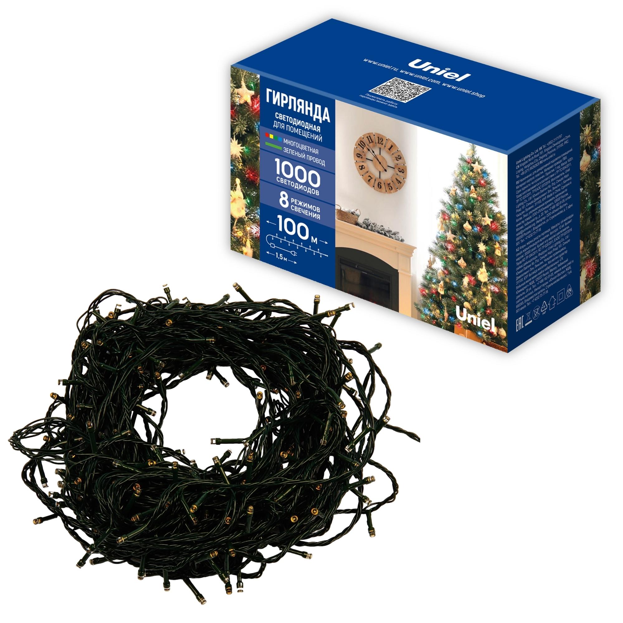 Гирлянда ULD-S10000-1000/DGA MULTI IP20 светодиодная, 100 м, 1000 светодиодов, разноцветный свет, зеленый провод