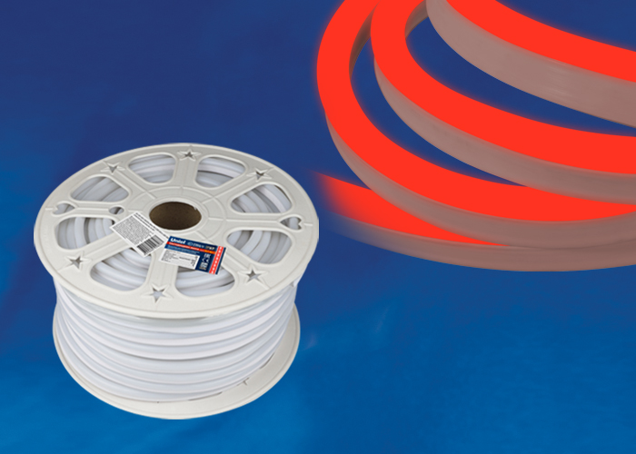Лента светодиодная гибкая герметичная ULS-N21-2835-120LED/m-8mm-IP67-220V-8W/m-50M-RED. NEON. Бобина 50 м. Красный свет