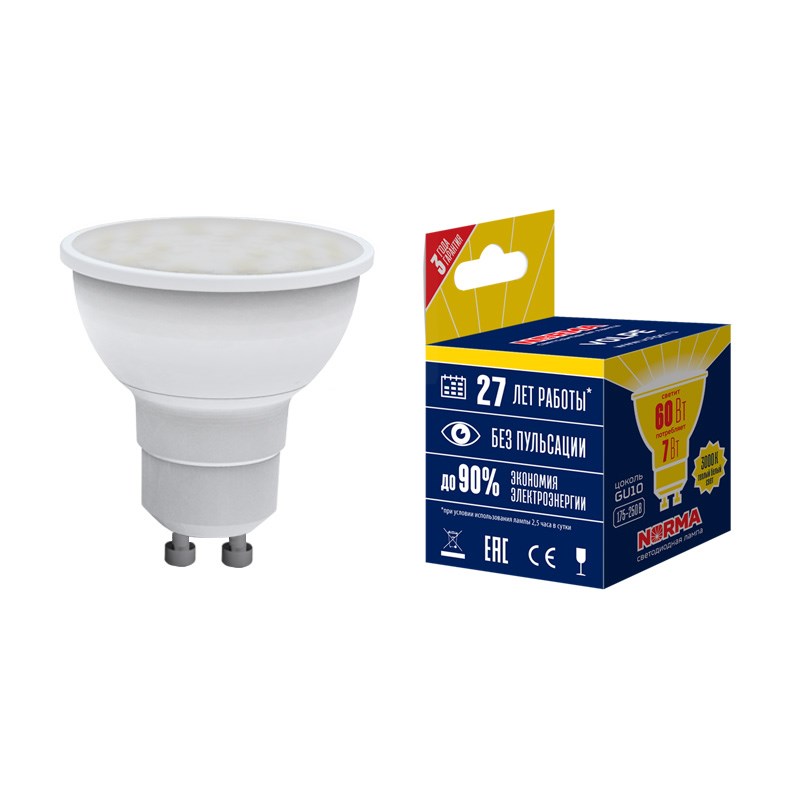 Лампа светодиодная LED-JCDR-7W/WW/GU10/NR Форма JCDR, матовая, Norma, теплый белый свет (3000K), картон, ТМ Volpe