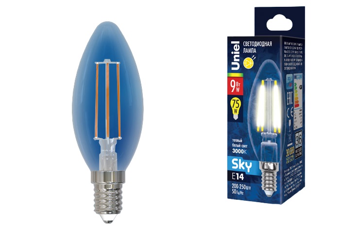 Лампа светодиодная Форма свеча прозрачная Серия Sky Теплый белый свет (3000К) LED-C35-9W/3000K/E14/CL PLS02WH Картон ТМ
