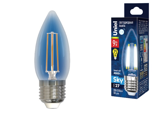 Лампа светодиодная Форма свеча прозрачная Серия Sky Белый свет (4000К) LED-C35-9W/4000K/E27/CL PLS02WH Картон ТМ