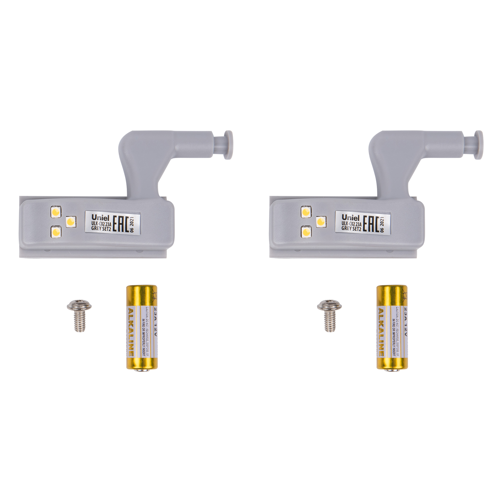 Светильник светодиодный ULK-C02 23A GREY SET2 пушлайт на петлю в кухонный шкаф, на батарейке 23A (в/к). Набор из 2 шт. Серый