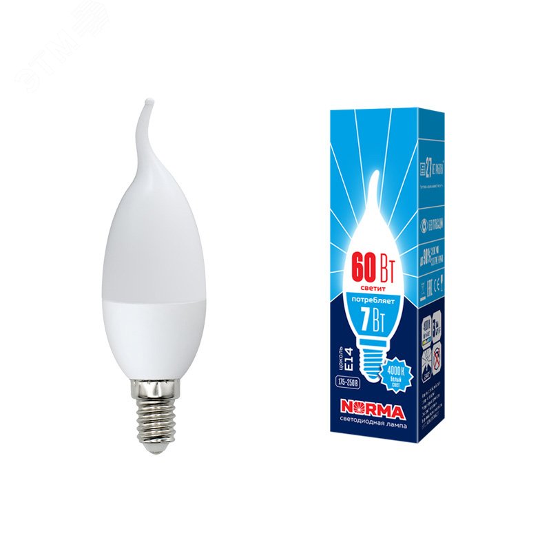 Лампа светодиодная LED-CW37-7W/NW/E14/FR/NR . Форма свеча на ветру, матовая. Серия Norma. Белый свет (4000K). Картон. ТМ Volpe UL-00003800 Uniel