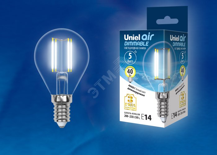 Лампа светодиодная LED 5вт 200-250В шар диммируемый 450Лм Е14 4000К Air филамент UL-00002870 Uniel - превью 2