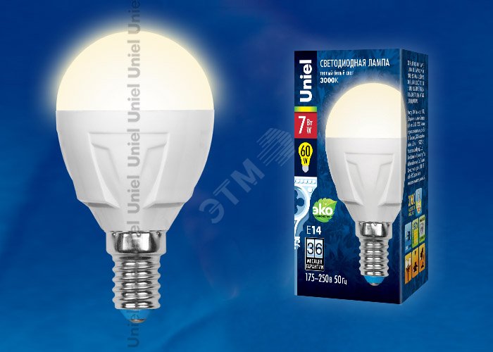 Лампа светодиодная LED 7вт 175-250В шар матовый 600Лм Е14 3000К ЯРКАЯ UL-00002419 Uniel - превью 2