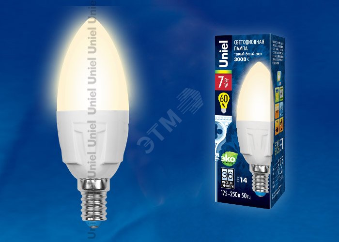 Лампа светодиодная LED 7вт 175-250В свеча матовая 600Лм Е14 3000К ЯРКАЯ UL-00002413 Uniel - превью 2