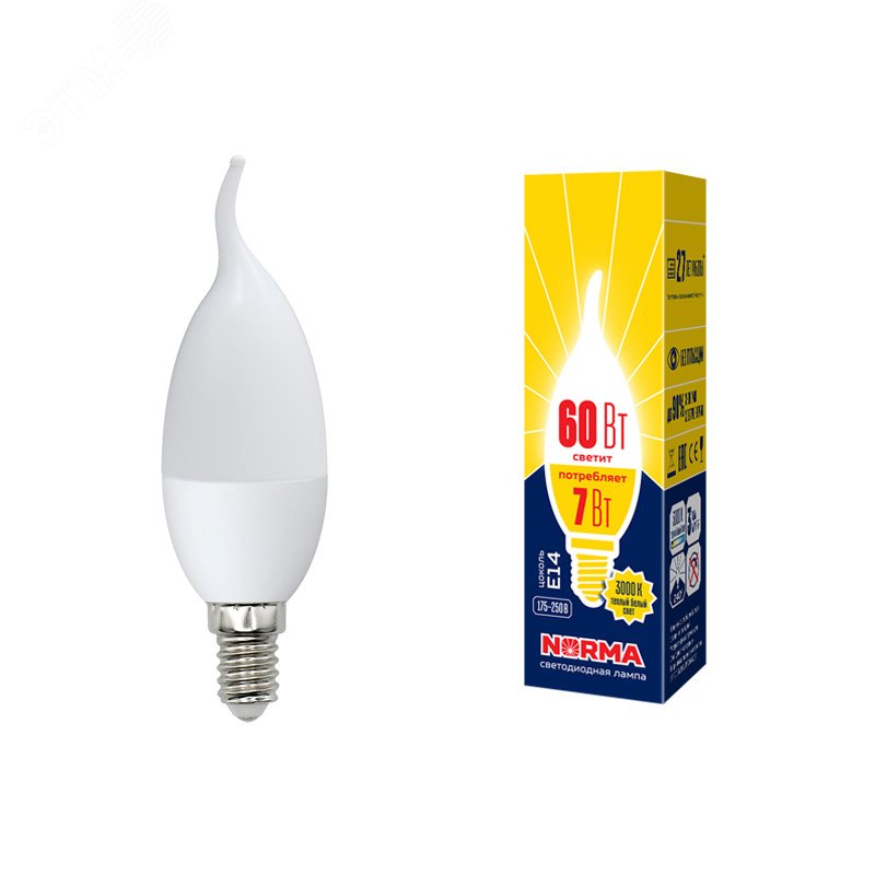 Лампа светодиодная LED-CW37-7W/WW/E14/FR/NR Форма свеча на ветру, матовая. Серия Norma. Теплый белый свет (3000K). Картон. ТМ Volpe UL-00003801 Uniel
