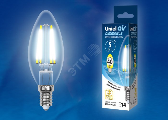 Лампа светодиодная LED 5вт 200-250В свеча диммируемая 450Лм Е14 4000К Air филамент UL-00002862 Uniel - превью 2