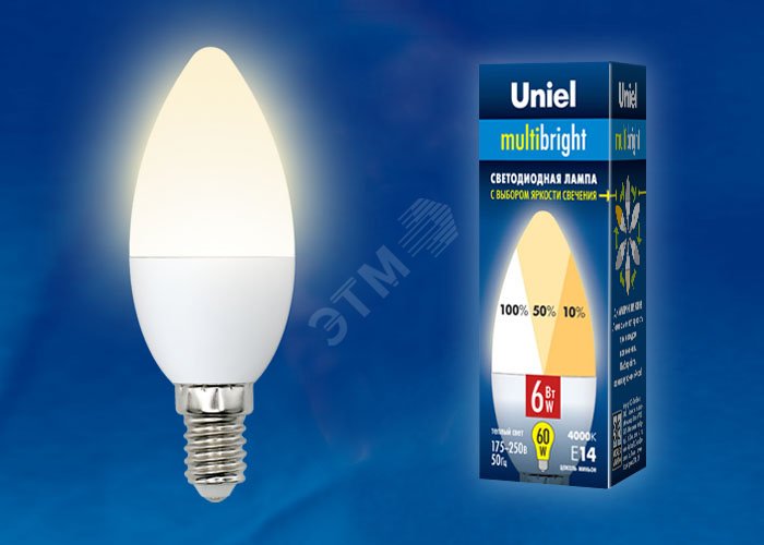 Лампа светодиодная с трехступенчатым диммером 100-50-10 LED 6вт 175-250В свеча 510Лм Е14 3000К Multibrigh UL-00002373 Uniel - превью 2