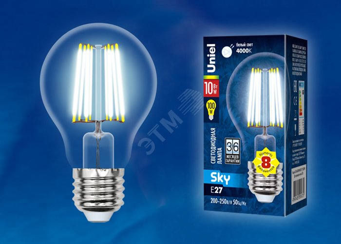 Лампа светодиодная LED 10вт 200-250В форма А прозрачное 920Лм E27 4000К Sky филамент UL-00002626 Uniel - превью 2