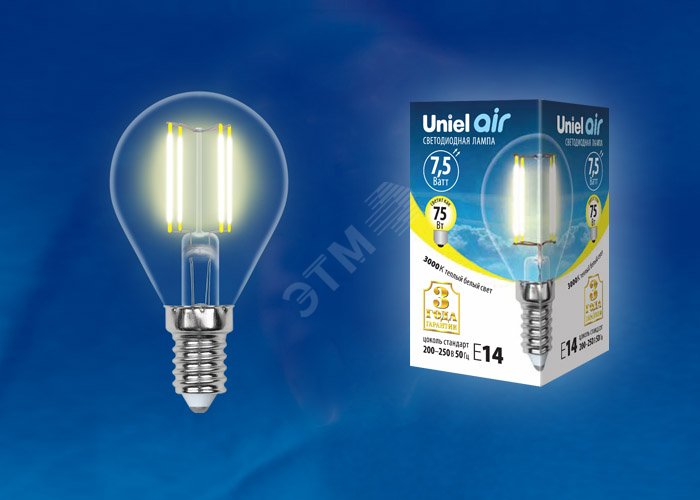 Лампа светодиодная. Форма ''шар'', прозрачная. Air. Теплый (3000K). LED-G45-7,5W/WW/E14/CL GLA01TR LEDG457,5WWWE14CLGLA01TR Uniel - превью 2