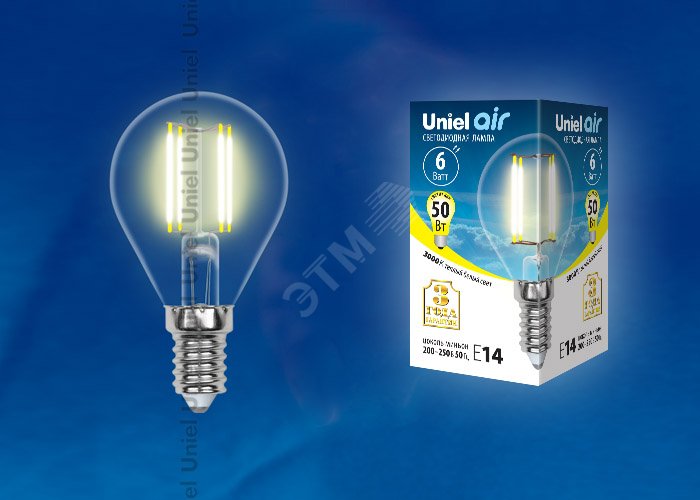 LED-G45-6W/WW/E14/CL GLA01TR Лампа светодиодная. Форма ''шар'', прозрачная. Серия Air. Теплый белый свет (3000K). Картон. ТМ LEDG456WWWE14CLGLA01TR Uniel - превью 2