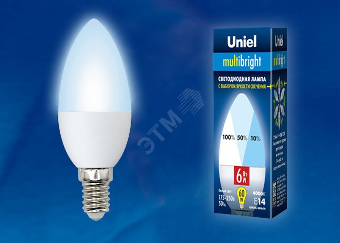 Лампа светодиодная с трехступенчатым диммером 100-50-10 LED 6вт 175-250В свеча 510Лм Е14 4000К Multibrigh UL-00002374 Uniel - превью 2