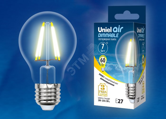 Лампа светодиодная LED 7вт 200-250В форма А диммируемая 630Лм E27 3000К Air филамент UL-00002872 Uniel - превью 2