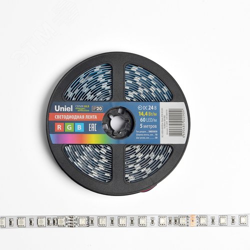 Лента светодиодная гибкая на самоклеящейся основе. ULS-5050-60LED/m-10mm-IP20-DC24V-14,4W/m-5M-RGB Упаковка - катушка 5 м. в герметичной упаковке. IP20. Угол излучения 120 . Мультиколор - фото 4