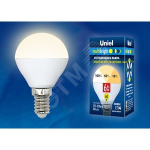 Лампа светодиодная с трехступенчатым диммером 100-50-10 LED 6вт 175-250В шар 510Лм Е14 3000К Multibrigh UL-00002375 Uniel - 2