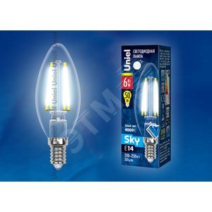 Лампа светодиодная LED 6вт 200-250В свеча прозрачное 500Лм Е14 4000К Sky филамент UL-00001373 Uniel - 2