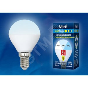 Лампа светодиодная с трехступенчатым диммером 100-50-10 LED 6вт 175-250В шар 510Лм Е14 4000К Multibrigh UL-00002376 Uniel - 2