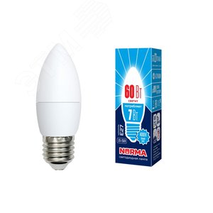 Лампа светодиодная LED-C37-7W/NW/E27/FR/NRФорма свеча, матовая. Серия Norma. Белый свет (4000K). Картон. ТМ Volpe UL-00003798 Uniel