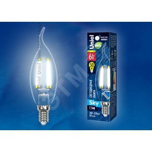Лампа светодиодная LED 6вт 200-250В свеча на ветру прозрачное 500Лм Е14 4000К Sky филамент - фото 2