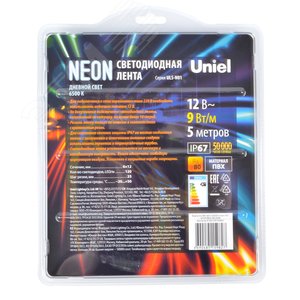 Изображение товара Лента светодиодная гибкая герметичная. NEON ULS-N01-2835-120LED/m-6mm-IP67-DC12V-9W/m-5M-6500K катушка 5м в блистере дневной белый свет 6500K (шт)