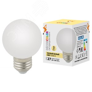 Лампа декоративная светодиодная LED-G60-3W/3000K/E27/FR/С Форма шар матовая Теплый белый свет 3000K) Картон ТМ Volpe
