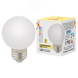 Изображение товара Лампа декоративная светодиодная LED-G60-3W/3000K/E27/FR/С Форма шар матовая Теплый белый свет 3000K) Картон ТМ Volpe (шт)