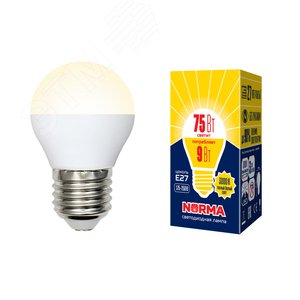Лампа светодиодная LED-G45-9W/WW/E27/FR/NR Форма шар, матовая. Серия Norma. Теплый белый свет (3000K). Картон. ТМ Volpe