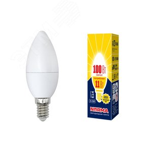 Лампа светодиодная LED-C37-11W/WW/E14/FR/NR Форма свеча, матовая. Серия Norma. Теплый белый свет (3000K). Картон. ТМ Volpe