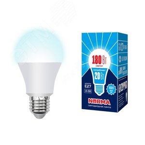 Лампа светодиодная LED-A65-20W/NW/E27/FR/NR Форма A, матовая. Серия Norma. Белый свет (4000K). Картон. ТМ Volpe
