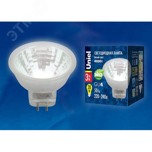 Лампа светодиодная, 220V. прозрачная, белый свет (4000K). Картон. ТМ .LED-MR11-3W/NW/GU4/220V GLZ21TR - фото 3