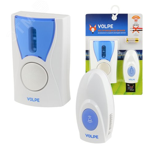 UDB-Q027 W-R1T1-16S-80M-WH Звонок беспроводной. 16 мелодий. Световая индикация. Радиус действия 80 метров. Блистерная упаковка. Белый. ТМ Volpe - фото 2