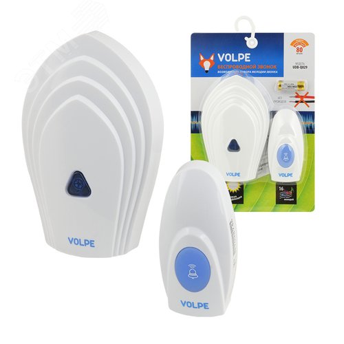 UDB-Q029 W-R1T1-16S-80M-WH Звонок беспроводной. 16 мелодий. Световая индикация. Радиус действия 80 метров. Блистерная упаковка. Белый. ТМ Volpe - фото 2